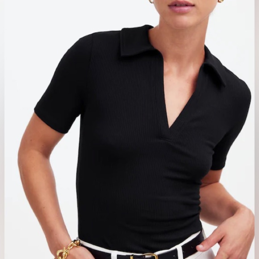 Madewell Drapey Ribbed Short Sleeve Polo Top, Small